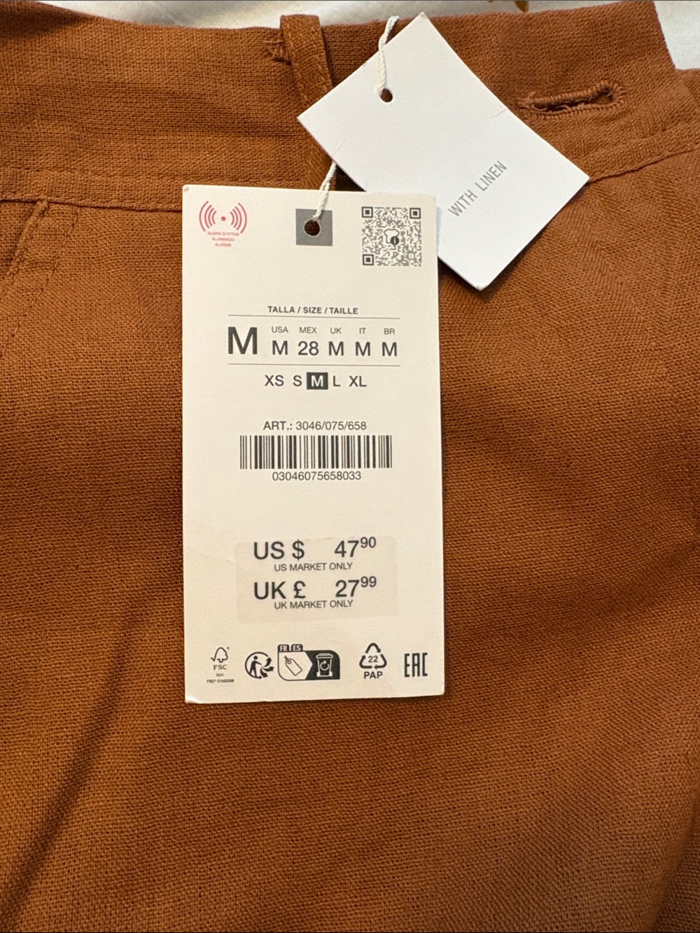 Zara NWT Rust Brown Linen Blend High Waisted Straight Leg Trousers Size - Picture 4 of 4